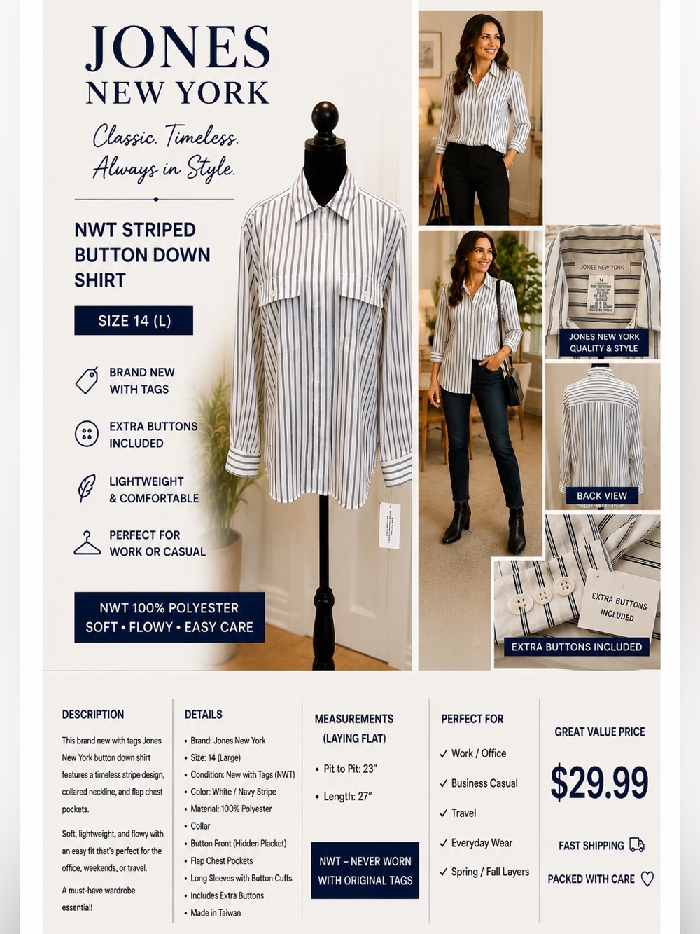 NWT Jones New York Women’s Size 14 Striped Button Down Blouse Shirt Work Caree